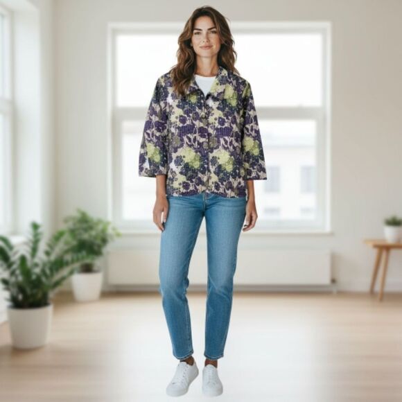 Christopher Banks Purple and Green Floral Quilted Cropped Blazer - NWOT - Picture 3 of 8